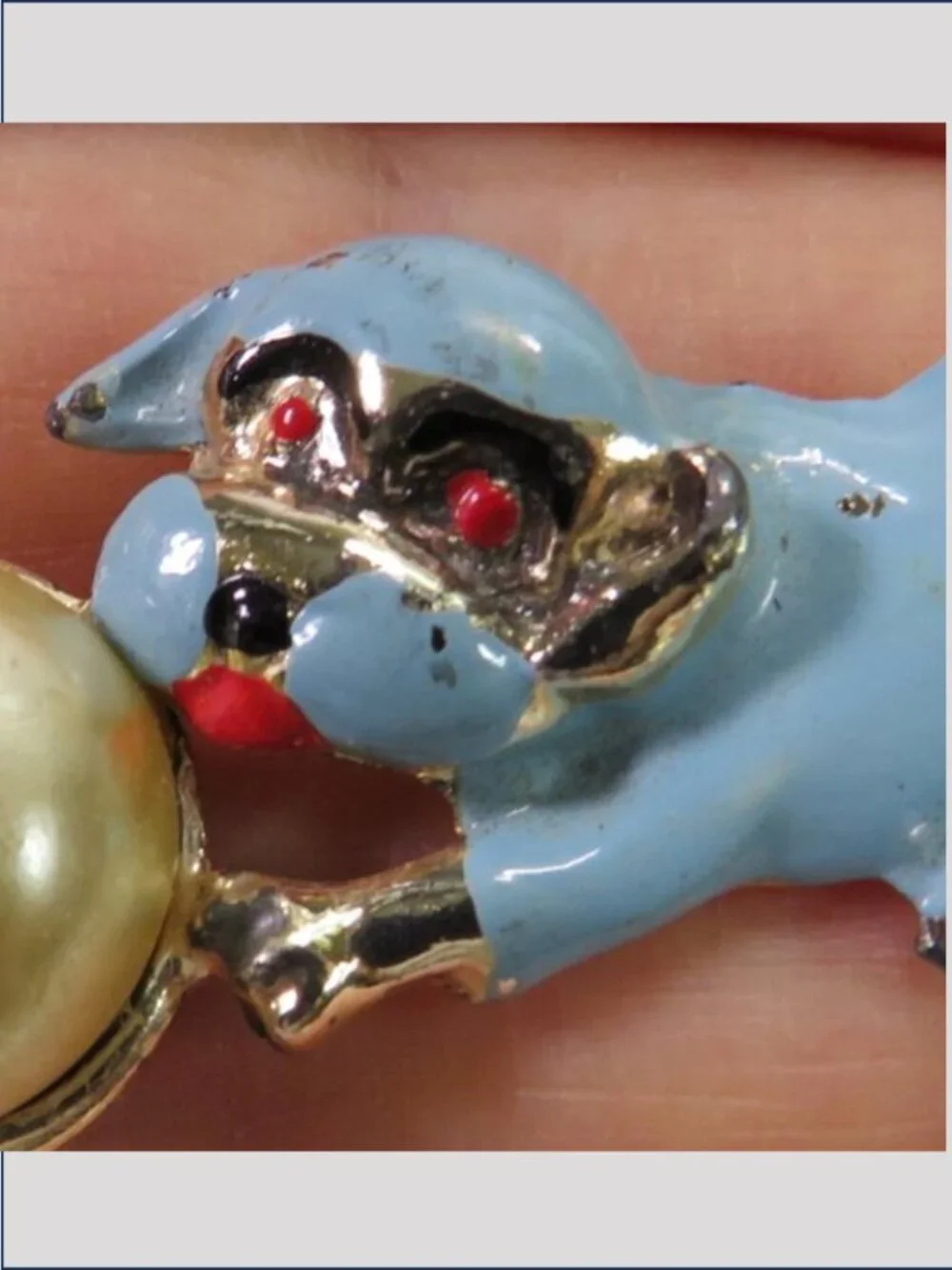 Vintage Mid Century Blue Enamel Dog Faux Pearl Ball Brooch Pin Whimsical Novelty